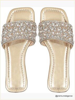 Sparkly Rhinestone Pearl Bridal Flat Sandals Boho Wedding Square Toe Slip On